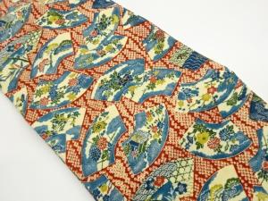 上代紬型染地紙に草花・御所車・鹿の子模様名古屋帯